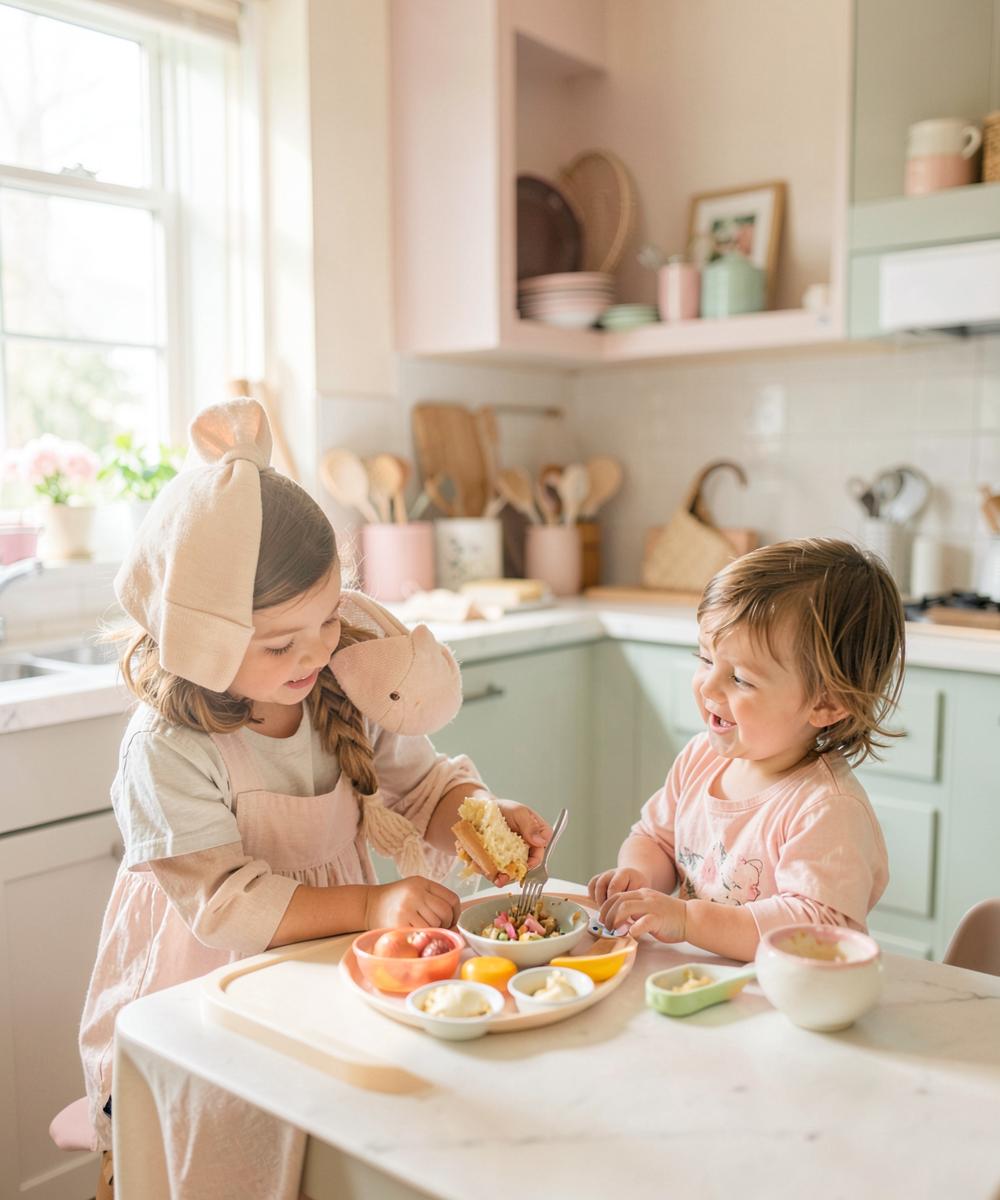Deux petites filles goûtent dans la cuisine