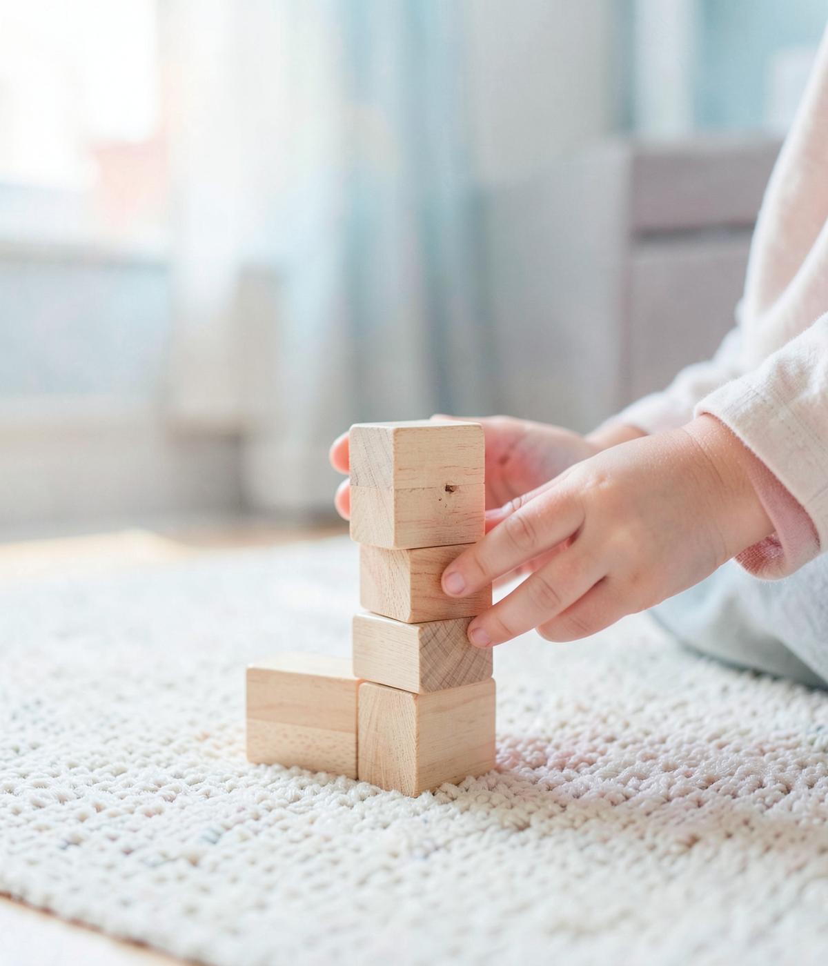 Un enfant empile des cubes en bois sur un tapis clair